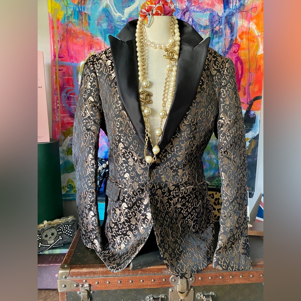 GORGEOUS Black Metallic Gold Tuxedo Dinner JACKET After 5 Holiday Party COAT L 🖤